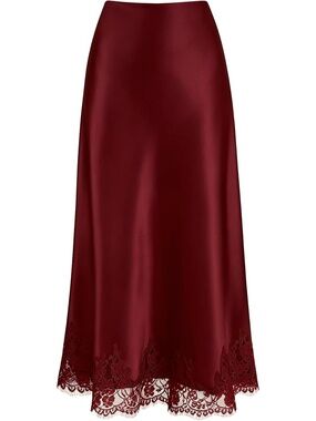 Women's Burgundy High Waisted Long Lace Flowy Hem Trim Satin Midi Skirts